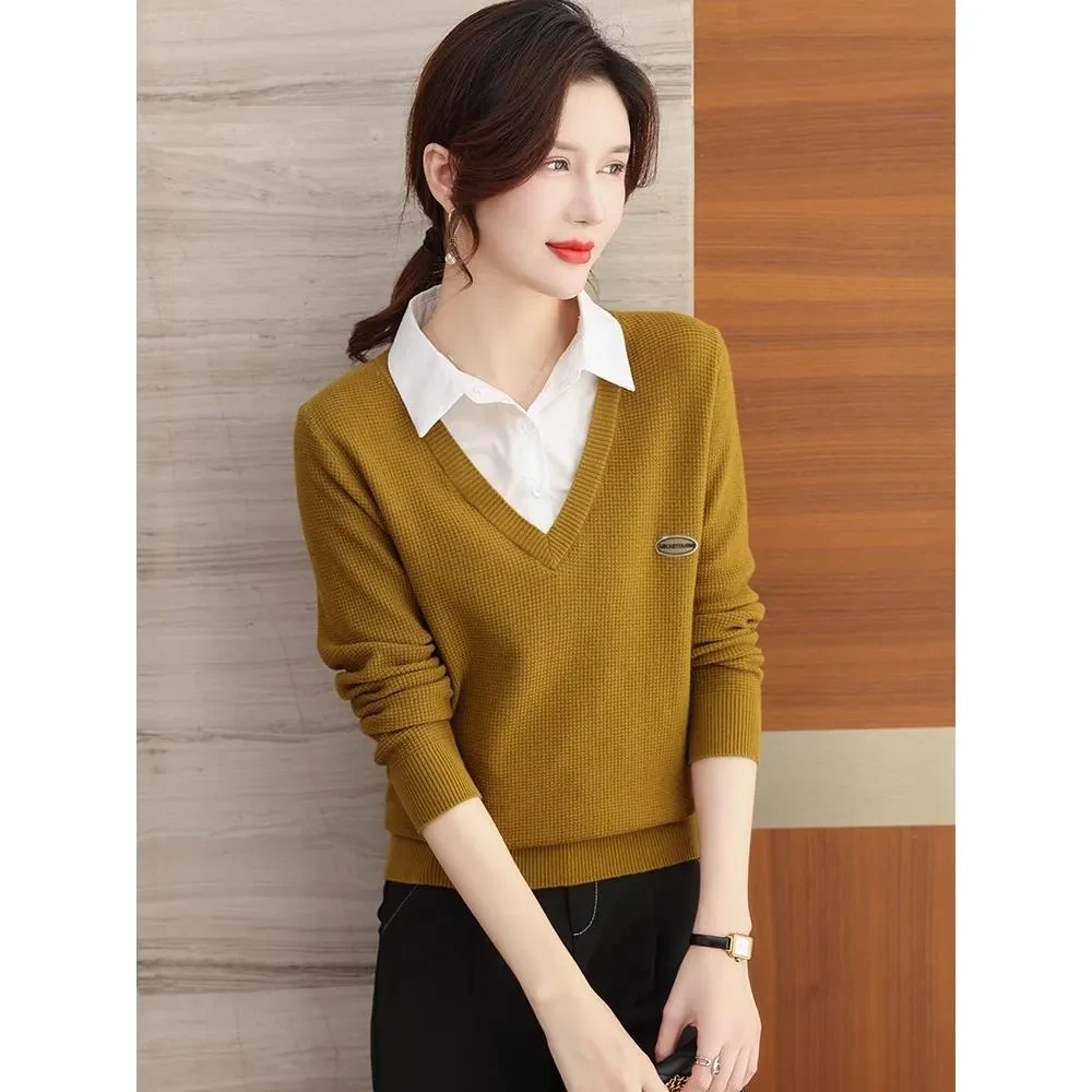 春秋衬衫领针织衫假两件上衣女时尚翻领毛衣2025新款宽松打底衫女