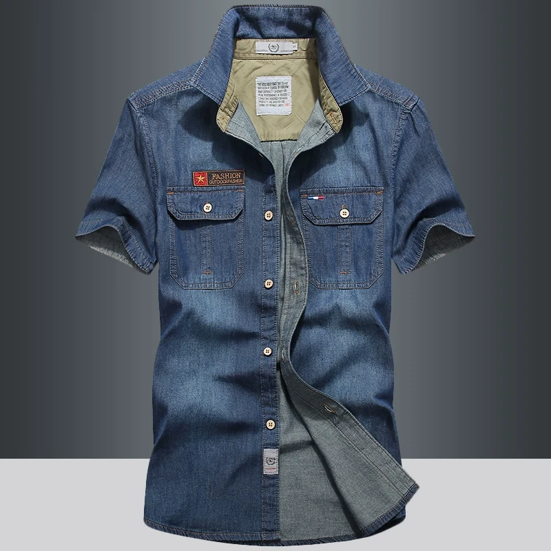 正品高品质男士短袖牛仔衬衫夏季潮流男装工装休闲衬衣半袖韩版