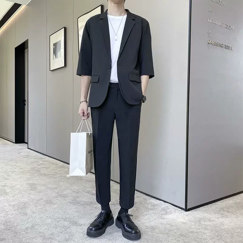 夏季大码男士薄款冰丝垂感发型师小西服西裤套装七分中袖西装外套