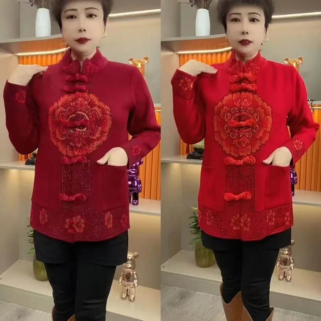 中老年妈妈秋冬红色喜庆盘扣唐装针织开衫外套奶奶大码上衣