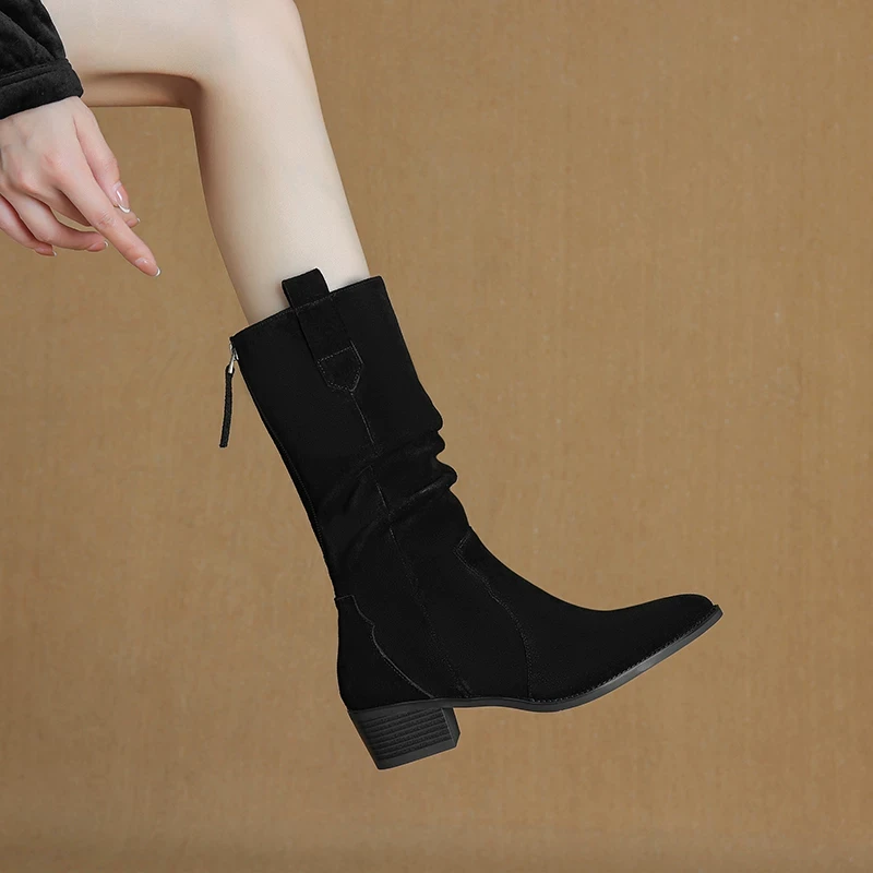 翻毛皮棕色靴子堆堆骑士靴女中筒秋冬高筒小个子长靴加绒半筒黑色