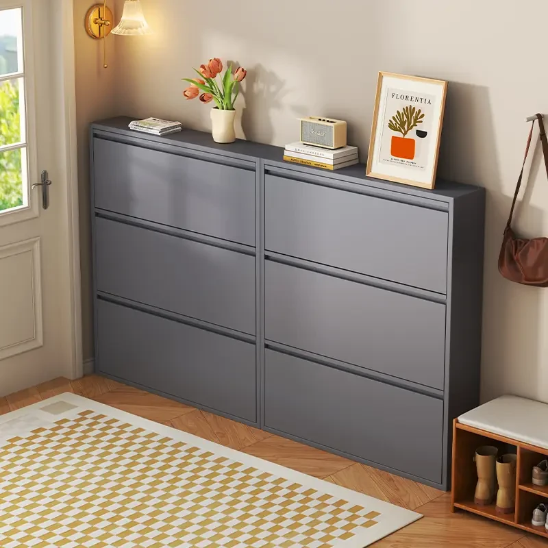 新款超薄翻斗鞋柜12cm北欧简约钢鞋架家用入户玄关靠墙柜钢制铁皮