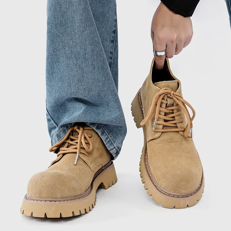 德比鞋夏季新款高帮大头马丁靴复古翻毛皮工装中帮潮流品质大黄靴