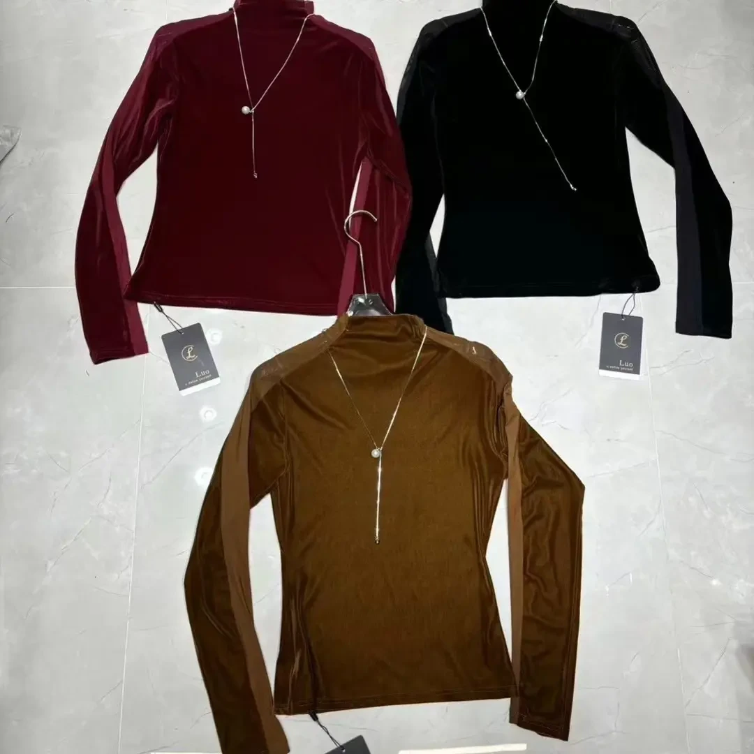 绒衫法式长袖修身网纱内搭纯色半高领T恤透气高领