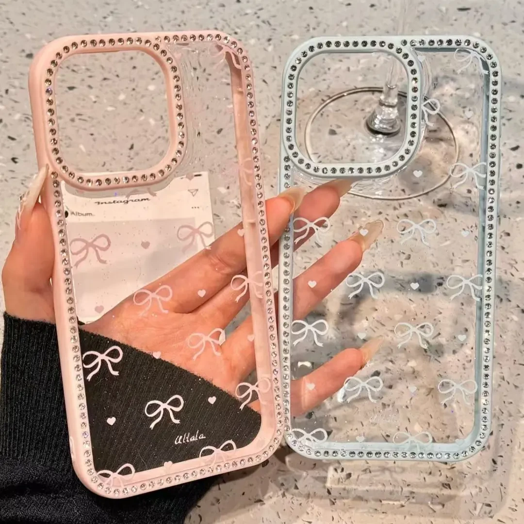 日韩ins少女蝴蝶结适用ihone16promax苹果15手机壳14新款13镶钻框