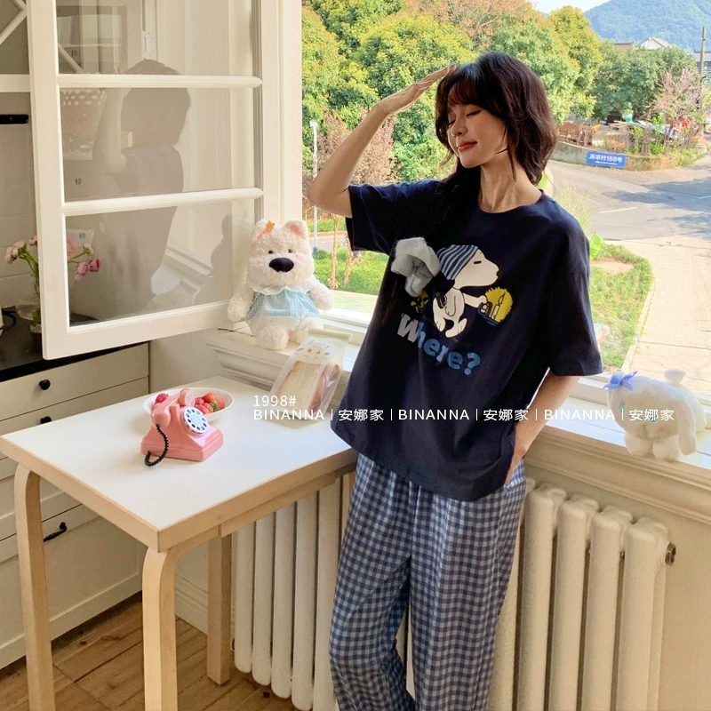 睡衣女款2025新款夏季短袖针织蓝色史努比薄款长裤套装夏款家居服