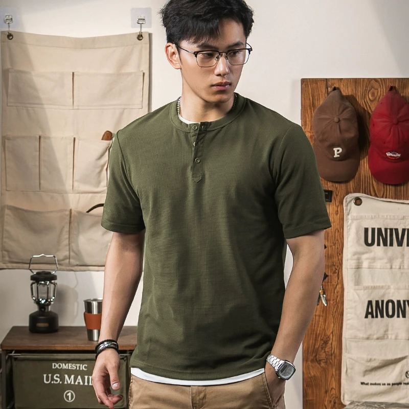 亨利领华夫格短袖亨利衫男美式复古2025夏季新款纯色透气正肩T恤