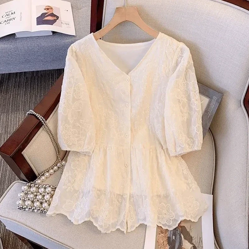 【8746】大码女装胖mm设计感减龄蕾丝衬衫上衣夏季宽松遮肉显瘦小衫