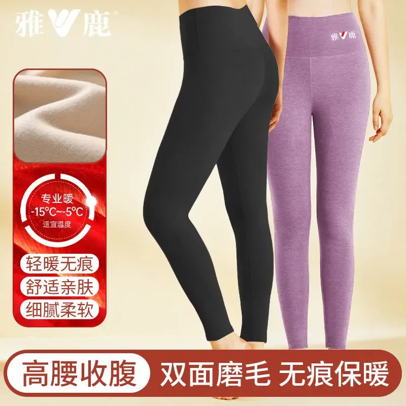 【2条装】雅鹿保暖裤女士高腰双面磨绒秋裤加绒加厚无痕内穿秋冬季
