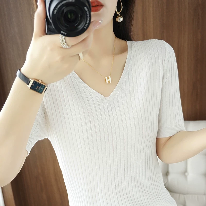 高级时尚冰丝恤夏女薄2025新款小众设计感白色针织领短袖潮