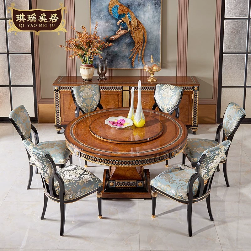 琪瑶法式别墅古典奢华餐桌椅欧式桃花心实木贝壳纯铜镶嵌圆餐台