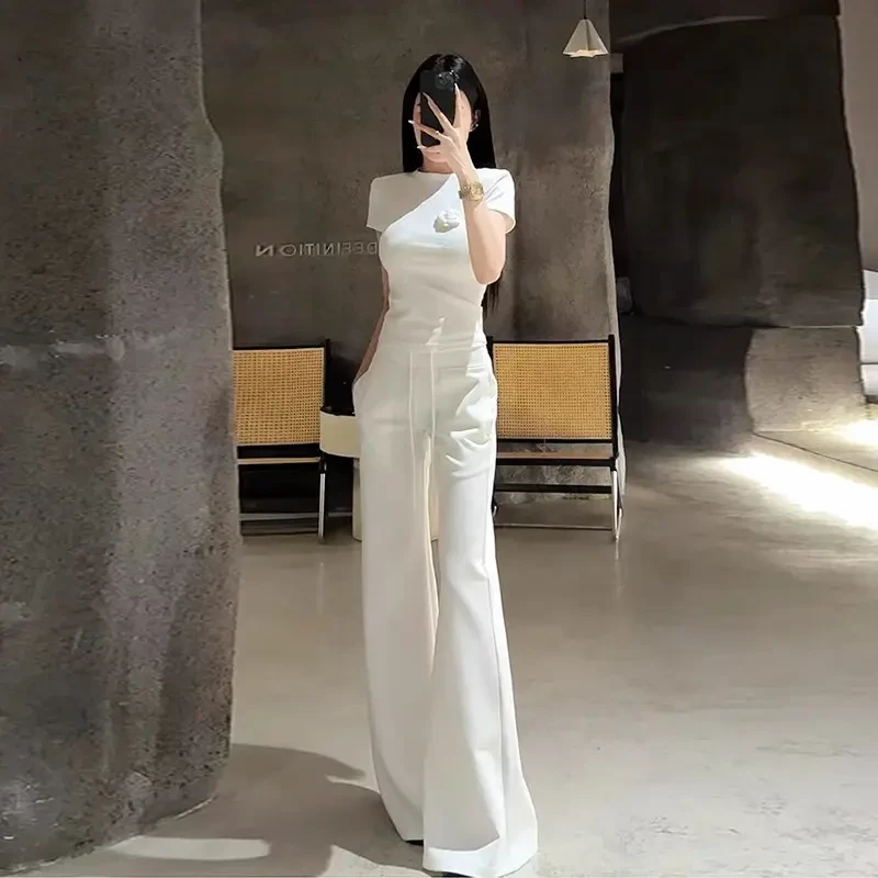 白色短袖休闲运动套装女夏季时尚减龄气质高腰阔夏季阔腿运动套装