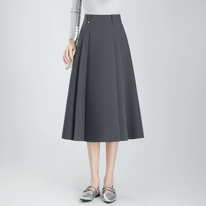 灰色a字半身裙女2025春季新款显瘦气质中长款压褶高腰大摆西装裙
