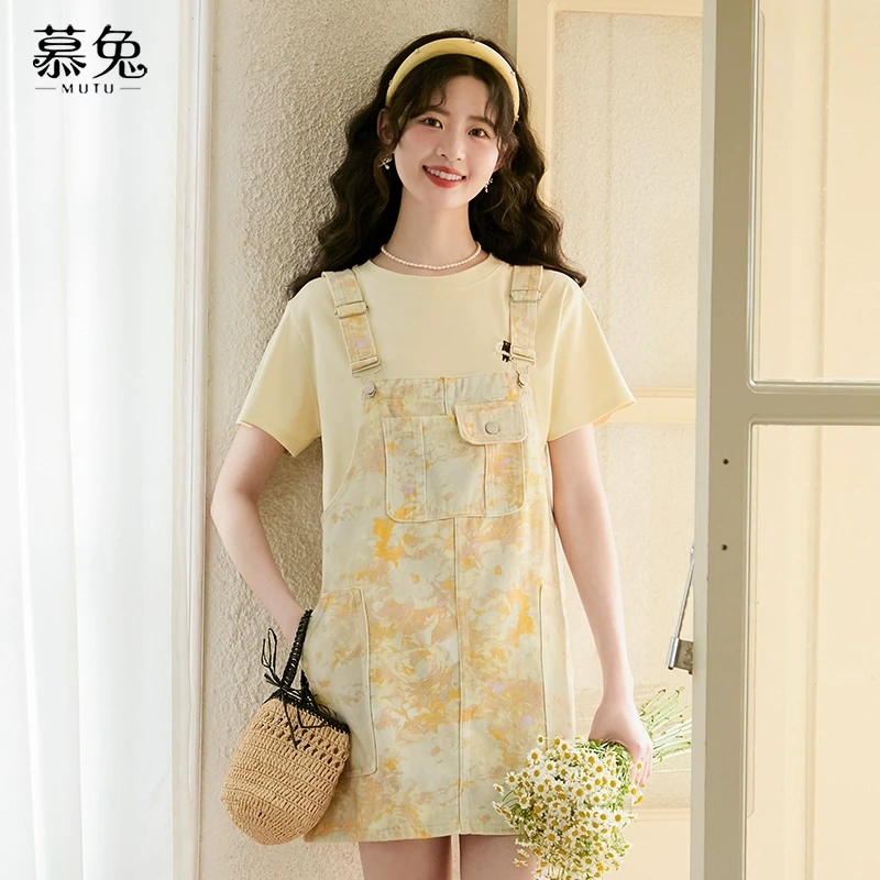 慕兔复古扎染印花牛仔背带裙女2025夏季新款减龄小个子显瘦a字裙