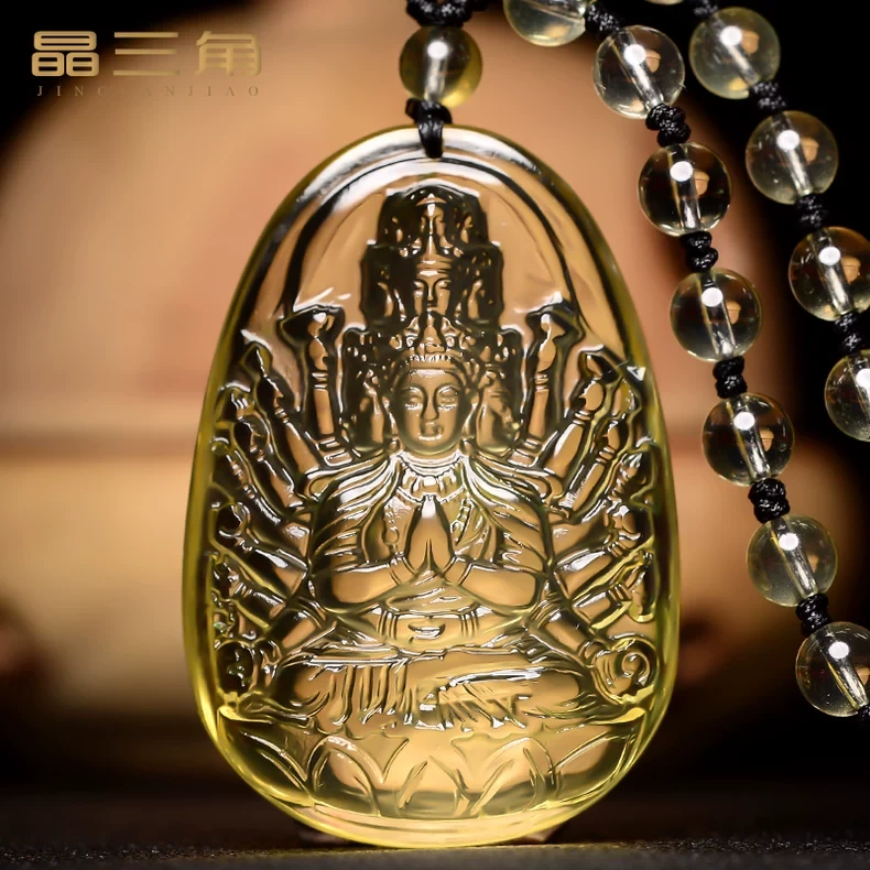 天然黄水晶本命佛吊坠男十二生肖鼠千手观音菩萨项链女护身符挂件