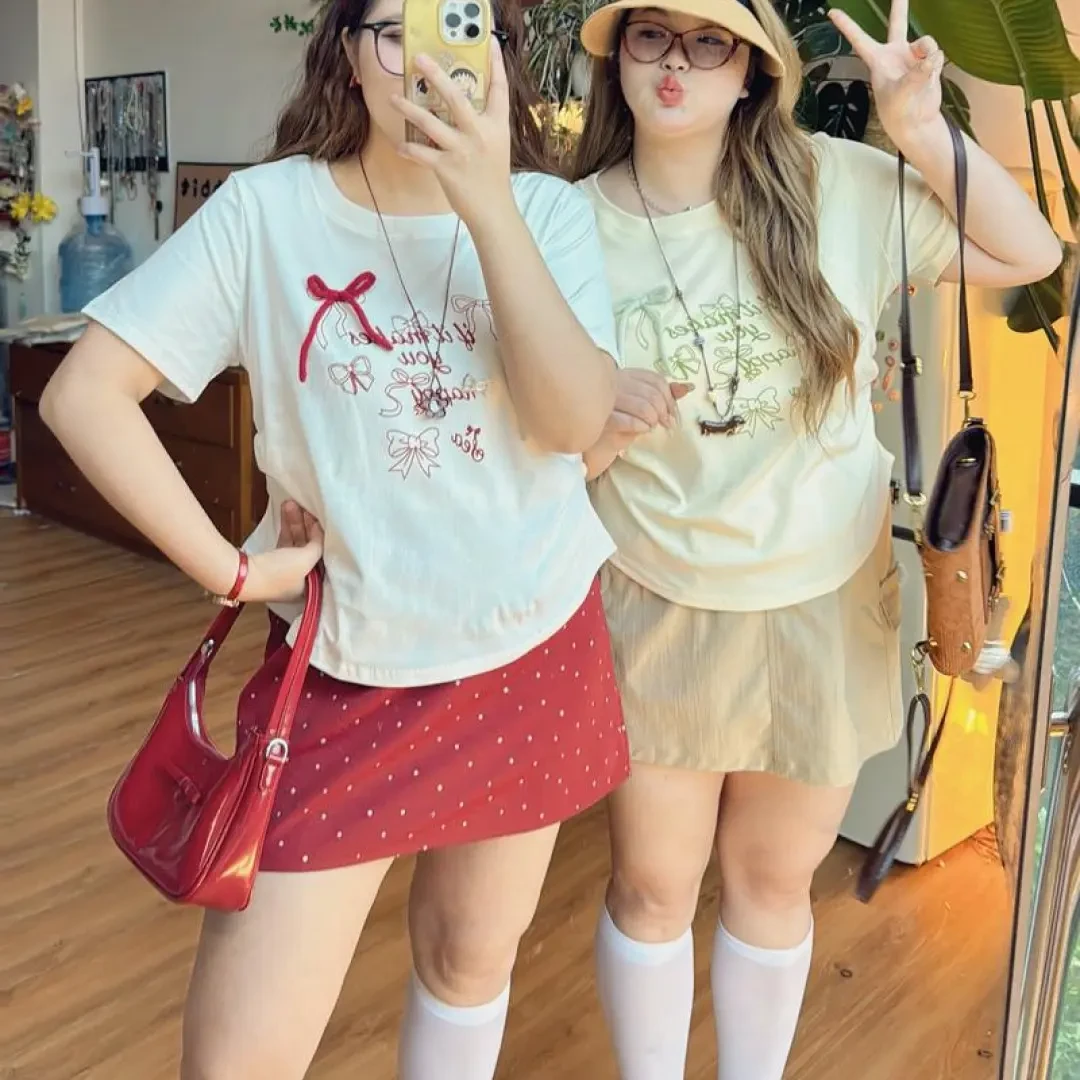 93%棉夏季新款大码女装正肩短袖T恤蝴蝶结装饰印花宽松显瘦上衣服