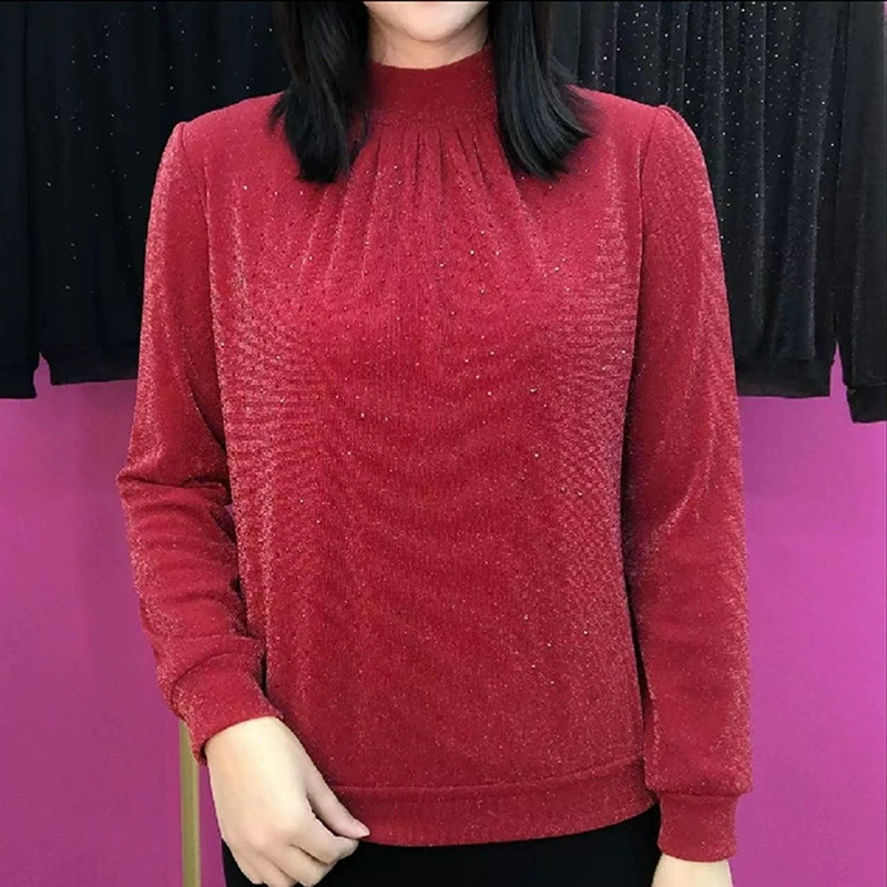 秋冬新款2025弹力网纱大码遮肚显瘦长袖打底衫时尚妈妈百搭上衣潮