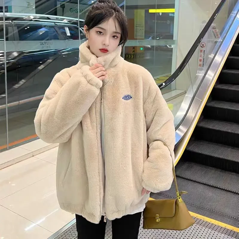 P001新款宽松仿兔毛立领棉衣加厚毛毛外套毛绒外套女冬款保暖棉服