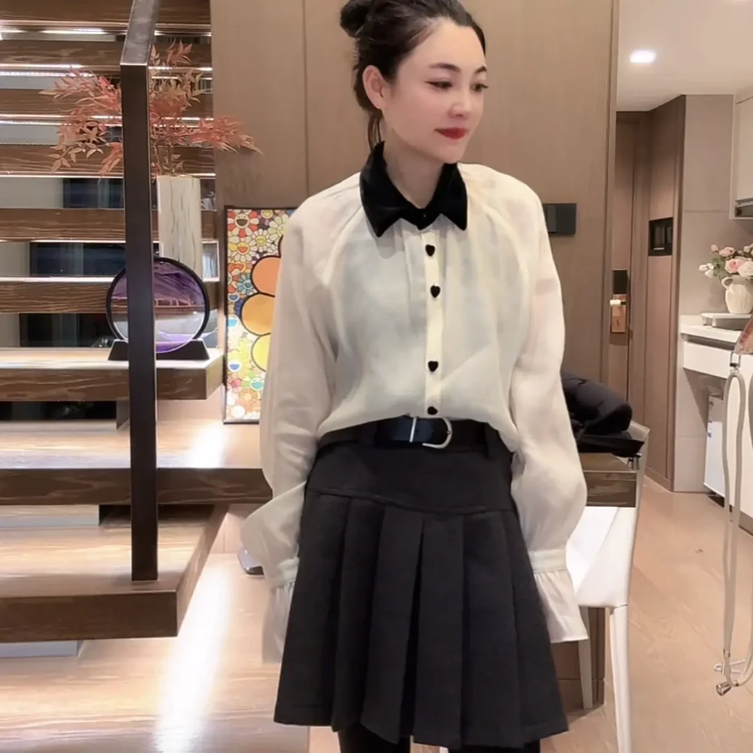 秋季新款法式翻领衬衫女喇叭袖设计感轻奢显瘦洋气长袖上衣