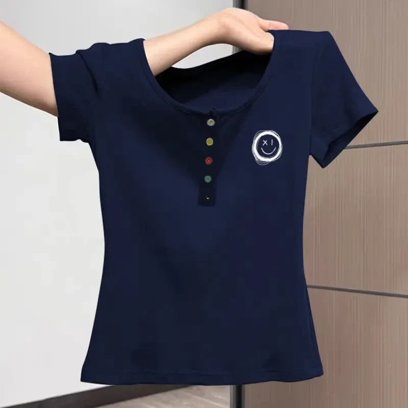 2025新款爆款夏季正肩短款t恤女短袖设计感修身百搭图案印花上衣