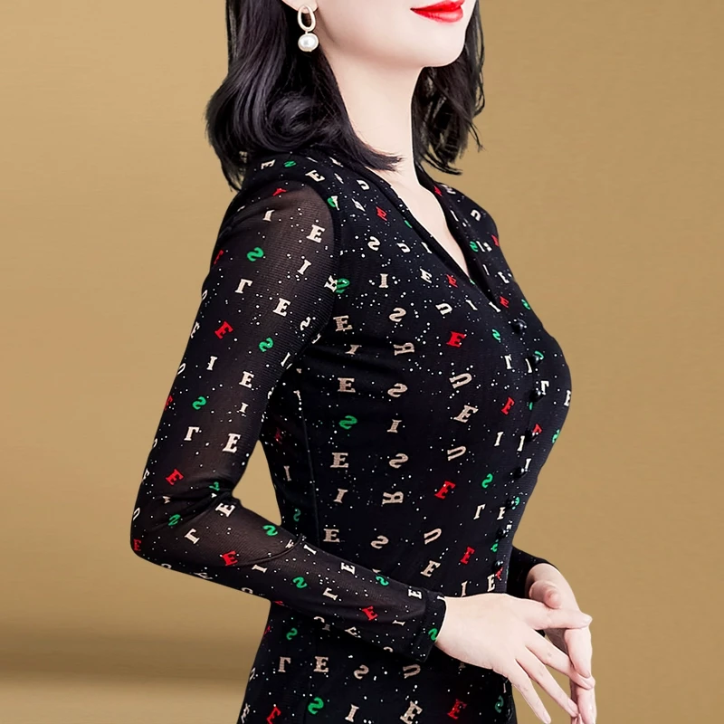 8779新款气质秋冬女上衣百搭洋气打底衫长袖网纱小衫