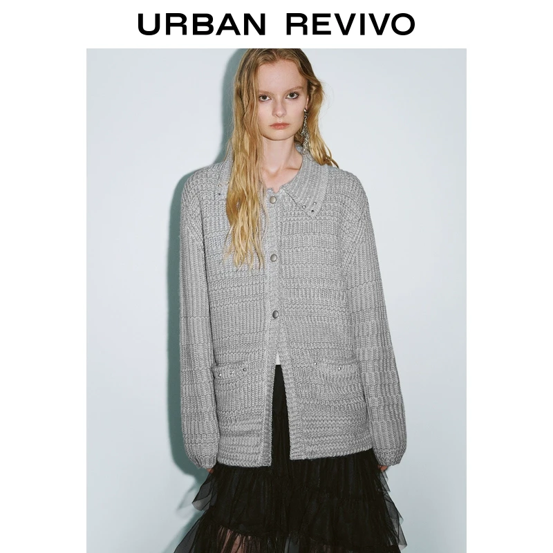 UR2025春季慵懒Polo领针织衫女新款复古休闲开衫欧若风UYV950010