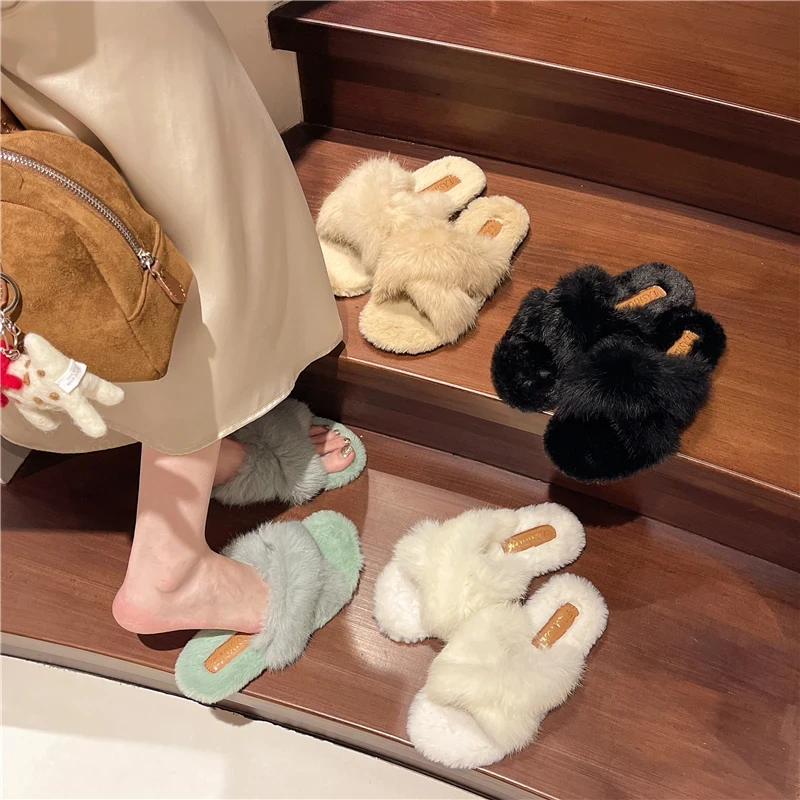 【真狐狸毛】2025秋冬季新款网红拖鞋女外穿毛毛鞋韩版一字平底半拖