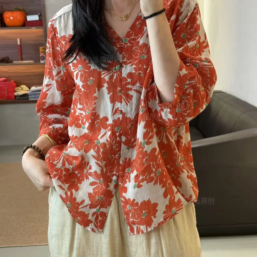 D170-夏季清新显瘦V领苎麻衬衫女士通勤宽松五分袖上衣