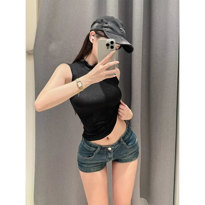 美式复古蓝低腰牛仔裤2025夏季新款弹力修身显瘦辣妹风性感短裤子