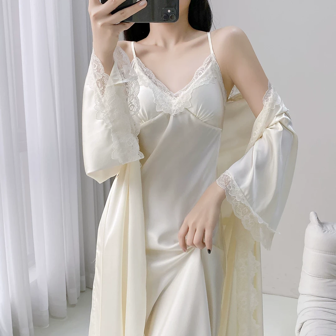春夏季长款睡裙冰丝薄款吊带胸垫睡袍两件套春秋天睡衣性感家居服