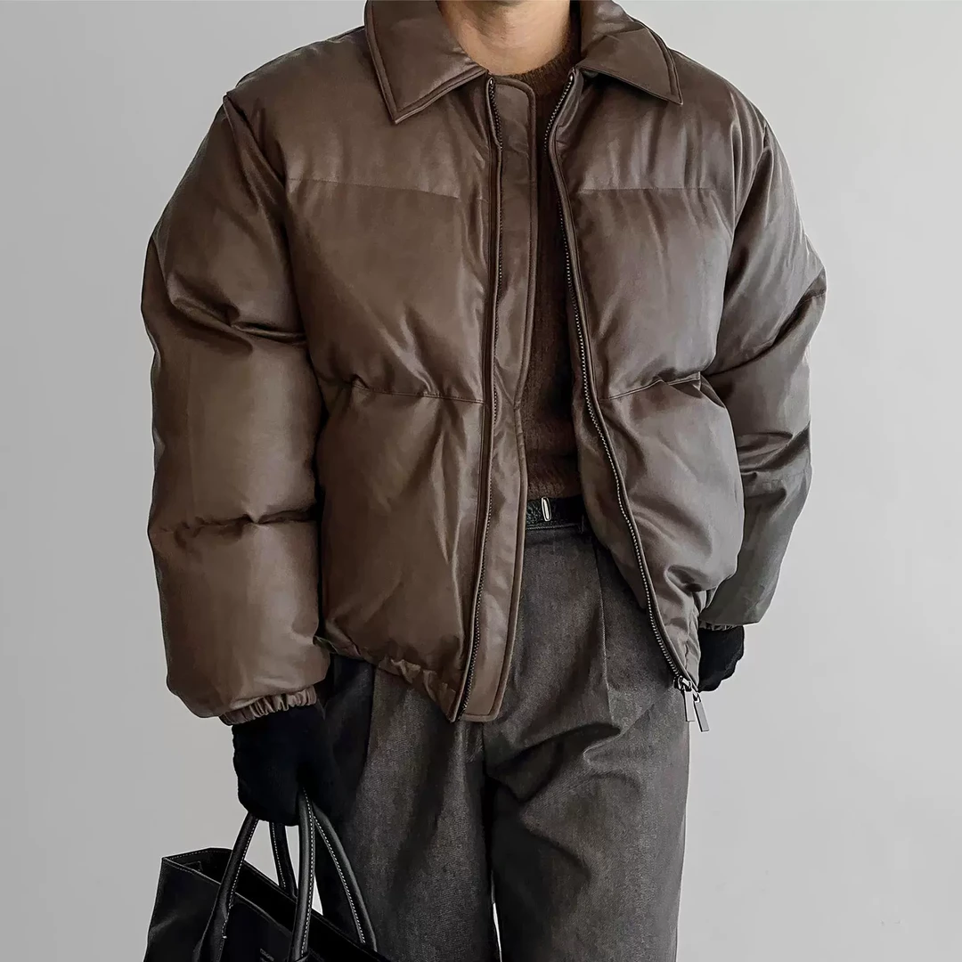 翻领pu皮棉衣男冬季美式复古美拉德加厚棉服保暖廓形面包服外套