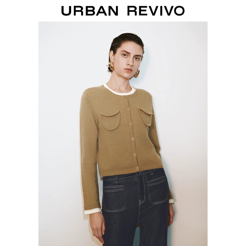 UR2025秋季新款女复古魅力撞色假两件拼接针织开衫UWG950052