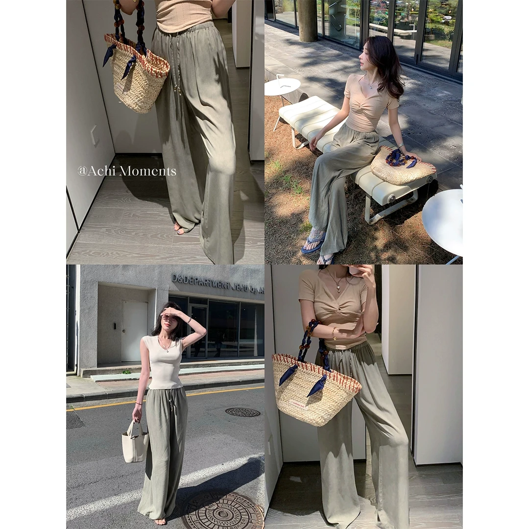 ACHI大也池灰色褶皱阔腿休闲裤女宽松薄款凉感长裤慵懒松紧腰裤子