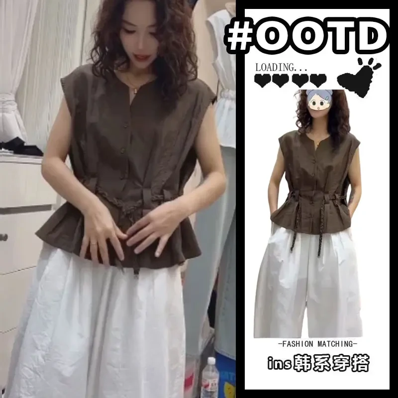 欧货高级感穿搭套装2025夏季新款气质V领收腰上衣阔腿裤两件套女