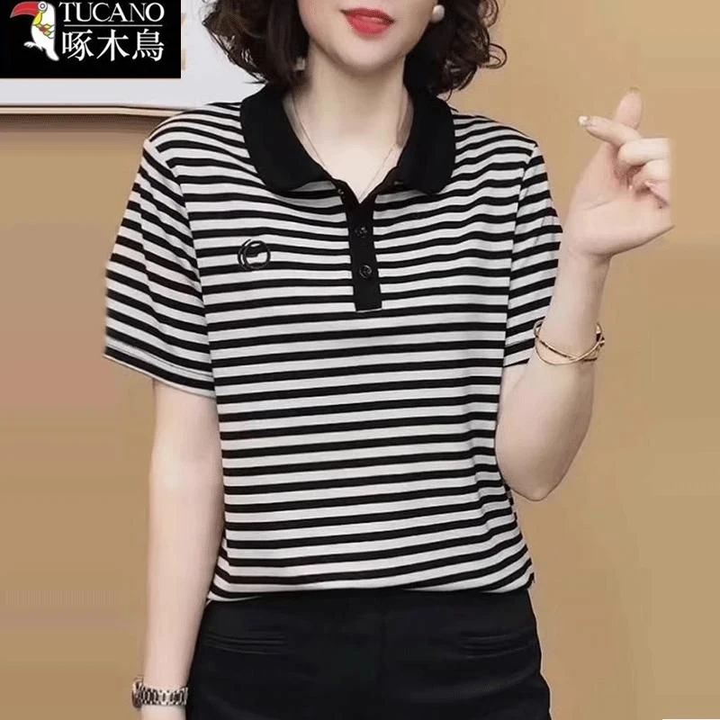 啄木鸟~条纹短袖T恤女士夏季中年妈妈翻领上衣时尚休闲纯棉polo衫