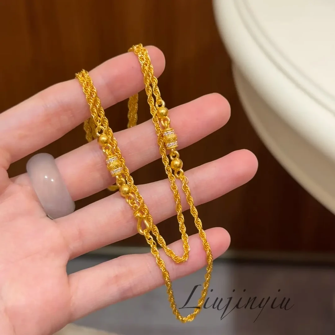 链子足银 足银镀金 【万能麻花素链】镶钻桶形点缀万能项链素链百搭