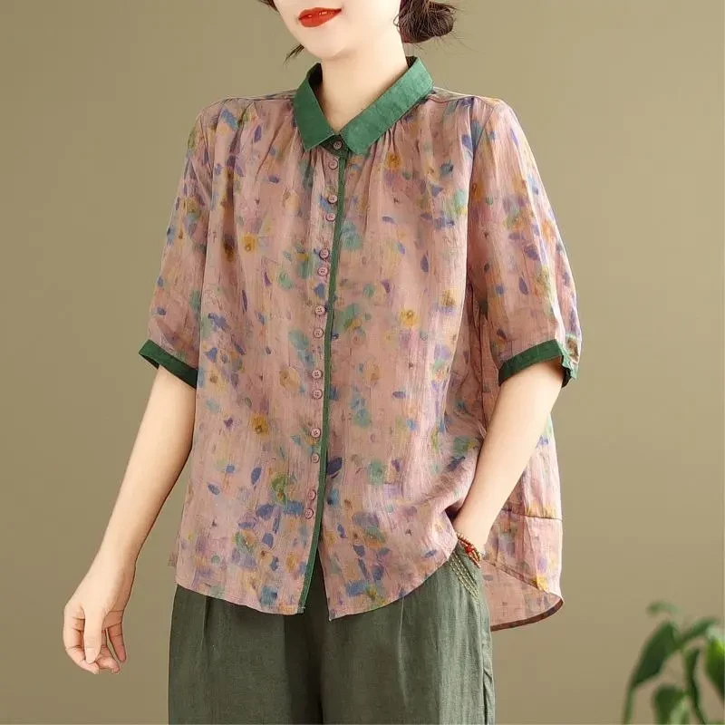 棉麻套装女夏季洋气妈妈减龄印花衬衫上衣宽松休闲显瘦苎麻两件套