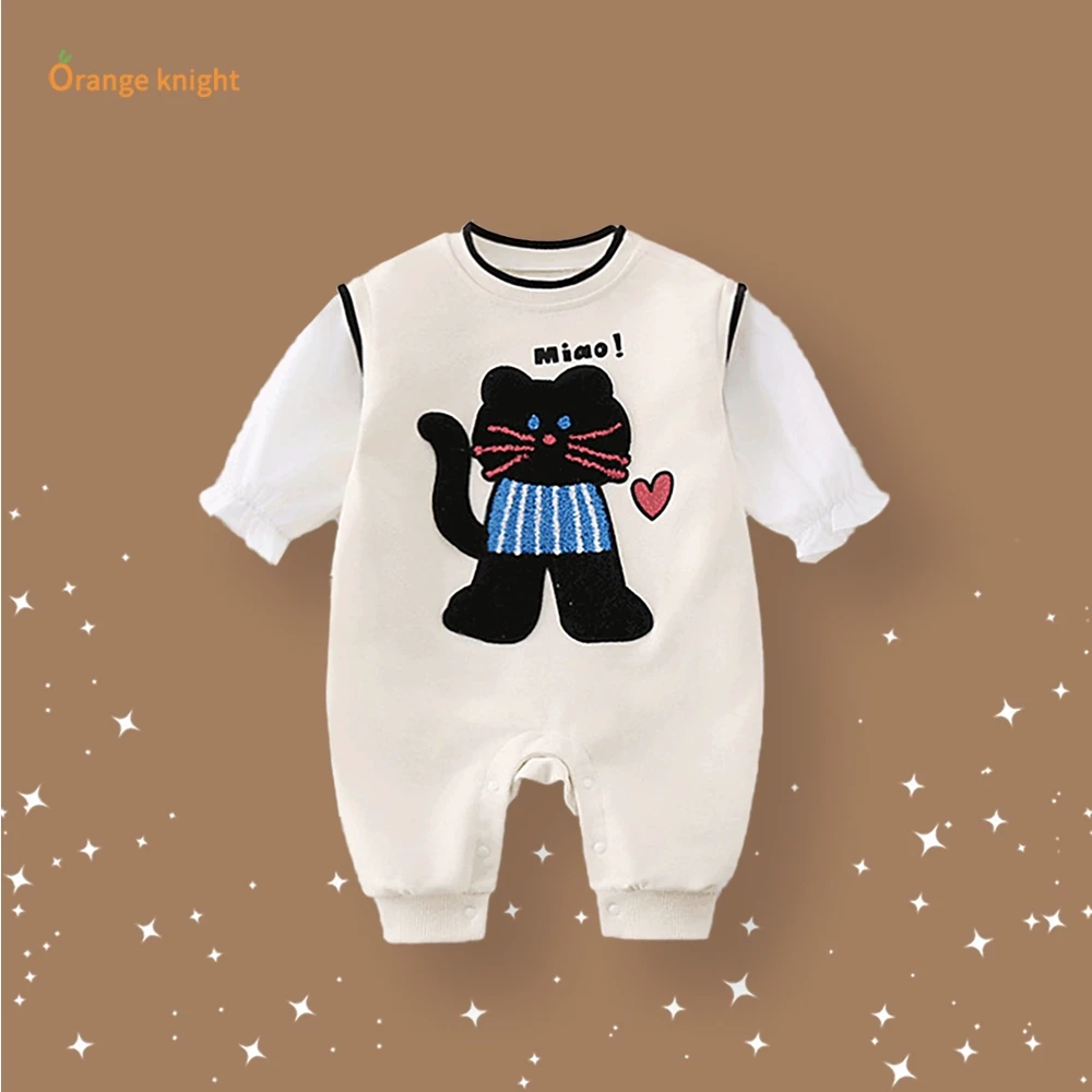 男女宝宝春秋季衣服新生儿婴儿可爱卡通休闲长袖假两件连体衣爬服