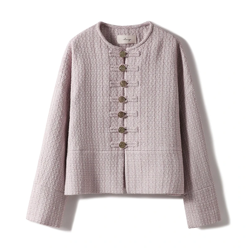 笑涵阁 香调粉樱 圆领单排扣复古粗花呢香风外套上衣のWTF761205AG
