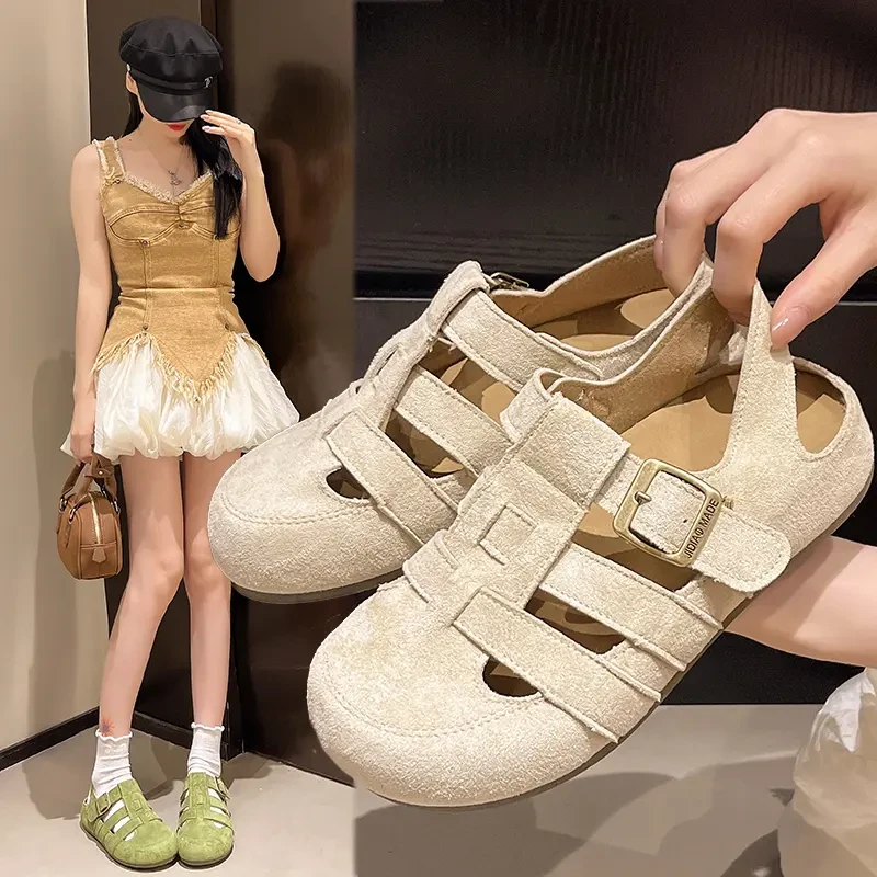 猪笼鞋勃肯鞋女罗马凉鞋2025夏季新款包头凉鞋平底镂空透气沙滩鞋