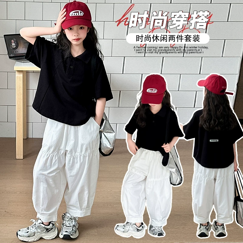 女童夏装短袖t恤2025新款中大童潮酷夏季黑色polo衫白色裤子套装T