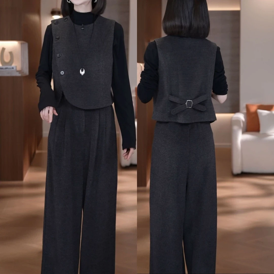 时尚套装女2025秋季新款气质减龄显瘦无袖马甲打底衫阔腿裤三件套
