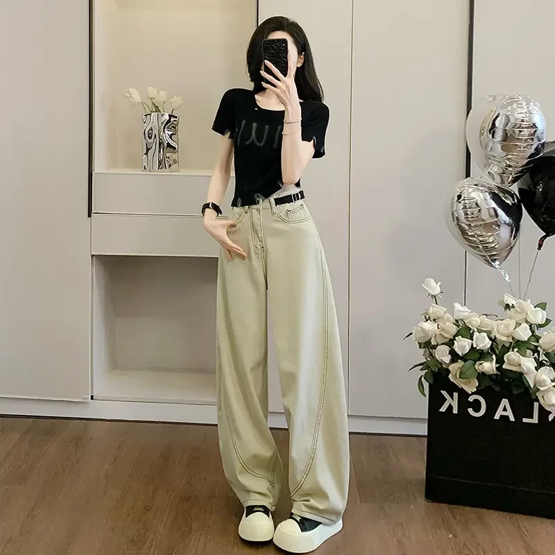 欧美辣妹风正肩短袖t恤女美式短款上衣高腰显瘦弯刀阔腿牛仔裤子