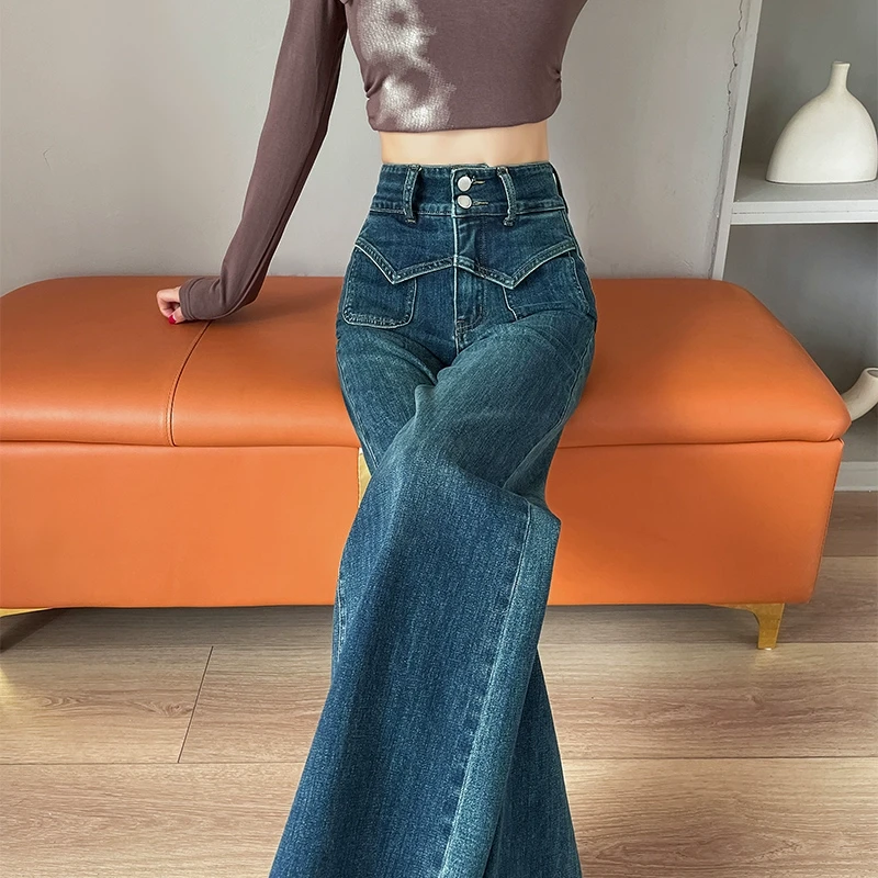 蜜蜜穿搭怀旧蓝弹力阔腿牛仔裤女2025年秋季高腰显瘦遮胯梨形长裤