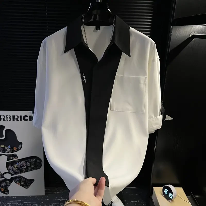 拼接丝质衬衫男士夏季薄款痞帅高级感休闲开衫时尚百搭衬衣设计感