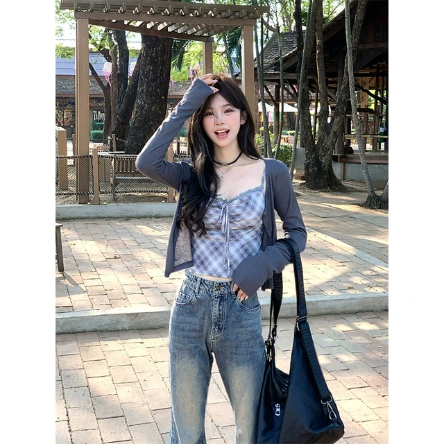 Adan 格纹网纱吊带夏季百搭辣妹短背心BM风小个子防晒长袖开衫女