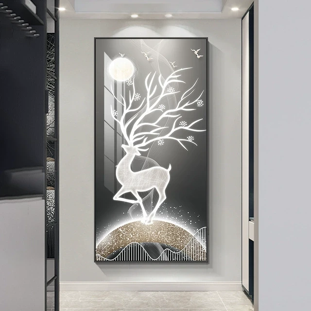 鹿呦明月现代轻奢玄关装饰画大气走廊尽头挂画竖版过道背景墙壁画