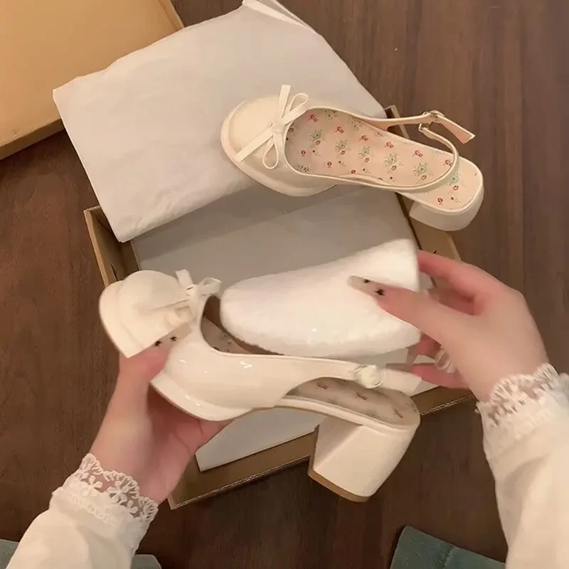 法式粗跟包单鞋女2025夏季新款配裙子仙女风蝴蝶结高跟