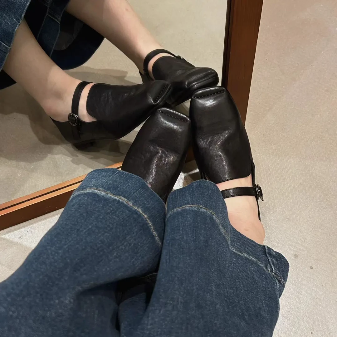 【特价清货】复古植鞣牛皮软底一字扣带玛丽珍单鞋女时尚
