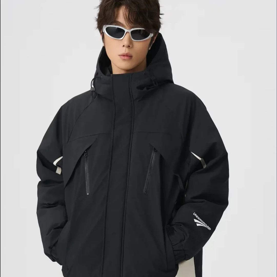 加肥大码工装连帽多口袋羽绒服